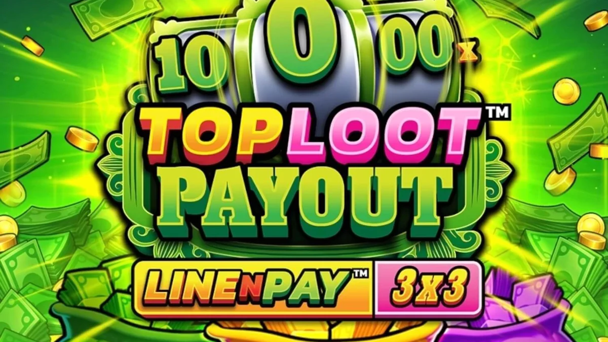 Tampilan visual slot TopLoot Payout LineNPay dengan tema harta karun dan emas.