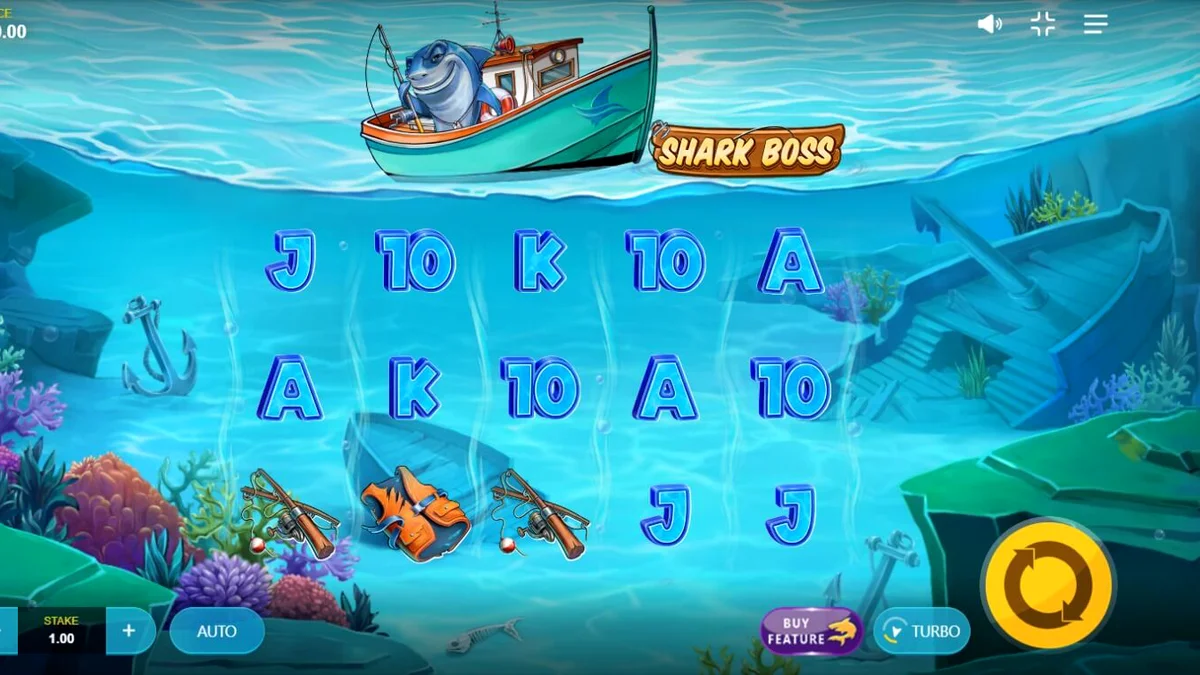 Tampilan visual slot Shark Boss dengan hiu di atas perahu